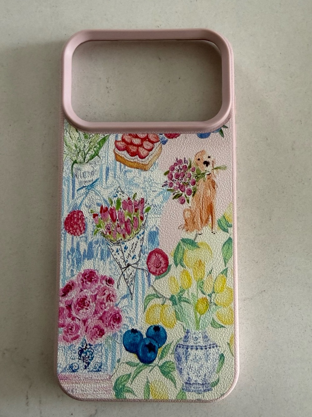 Floral Illustration Pink Phone Case with Dog Motif